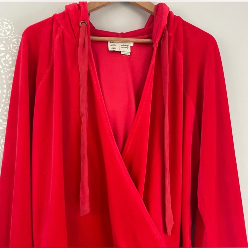 Anthropologie Saturday Sunday Red Velvet Faux Wrap Hoodie Size XL